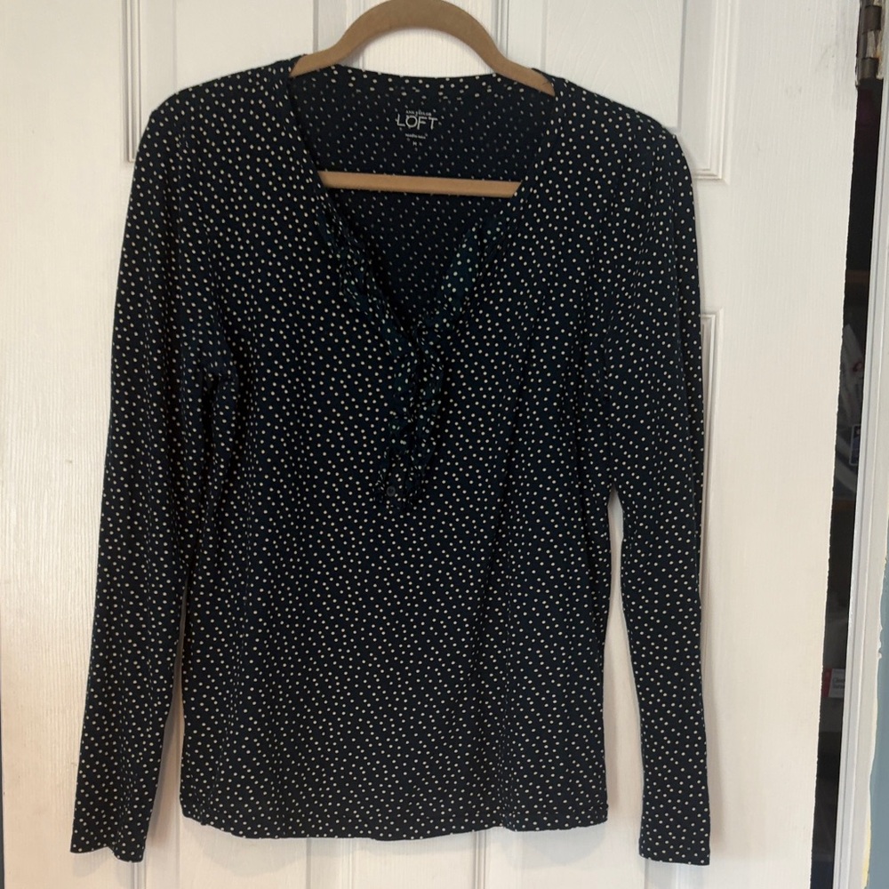 LOFT Women's Navy Polka Dot Long Sleeve Top